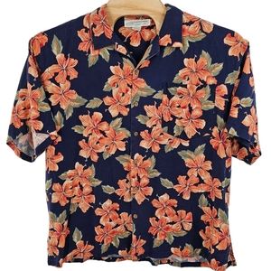 Pineapple Moon Men's 100%‎ Silk Hawaiian Shirt Camp Pocket Size XXL Blue Floral